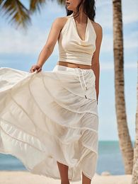 Skirts Women's Retro Style Layered Cake Long Skirt Drawstring High Waist Solid Colour Beach Summer Elegant Half Length