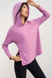 ll Light Nude Hooded Yoga Long sleeved Women's Loose and Comfortable Yoga Clothes Sports Fitness Top Fashion Breathable T-shirt