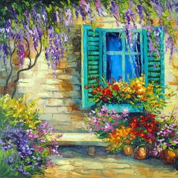 Thick Textured Flower Oil Painting on Canvas Palette Knife Art on Wall for Home Decoration Wisteria at The Window Impressionistic Artwork Hand Painted No Frames