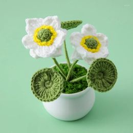 Decorative Flowers Crochet Lotus Potted Artificial Plants Bonsai Hand Knitted Ornaments Valentine Gift Ideas For Room Home Table Decoration