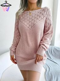 Women's Sexy Sweater Dress Ladies Slash Neck Knitted Jumpers Hollow Out Pullover Party Spring Mini Skirt Pink Clothes Streetwear 240111