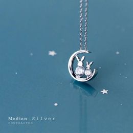 Necklaces Modian Charm Authentic 925 Sterling Silver Moon Shape Rabbit Choker Necklace for Women and Girl Gifts Antiallergy Jewellery