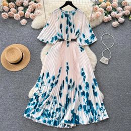 Party Dresses Fashion Design Pleated Maxi For Women Casual O-neck Print Flare Sleeve One Piece Dress Elegant Robe Femmes