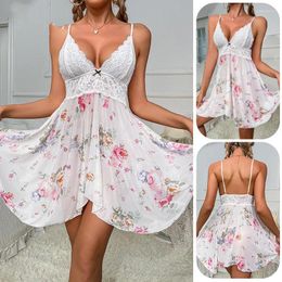 Women's Sleepwear Sexy Suspender Mesh Nightgown Dress Summer Women Printed Chiffon Nightdress Home Wear