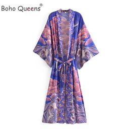 set Boho Queens Women Star Floral Print Bat Sleeve Beach Bohemian Kimono Dresses Robe Ladies V Neck Summer Bikini Coverup