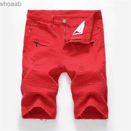 Men's Shorts Solid Elastic Mens Ripped Short Jeans Hollow Out Bermuda Summer Red Distressed Hole Shorts Cowboys Knee Length Denim Shorts Male YQ240111