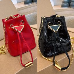 Women Designer Nano Mini Sequin Bucket Bag Italy Luxury Brand Red Patent Leather Shoulder Bags Lady Black Sequins Embroidery Chain Strap Coin Purse Handbag