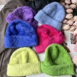 Fashion Rabbit Fur Y2k Beanies Women Soft Warm Fluffy Angola Winter Knitted Hat Female Plush Windproof Bonnet Skullies Cap 240111