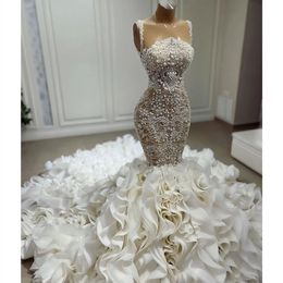 Wedding Dresses Sleeveless Spaghetti Straps Sequins Appliques Bead Lace Pearls Layer Train Bridal Gowns Vestina De Novia