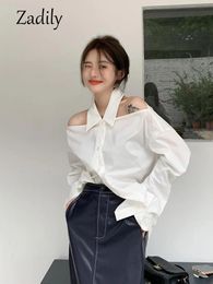 Zadily Summer Long Sleeve White Shirt Women Korean Style Off The Shoulder Button Ladies Tunic Blouse Female Clothing Tops 240111