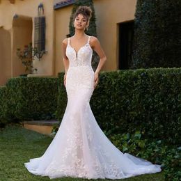 Stunningbride 2024 Elegant Mermaid Wedding Dresses Women Sweetheart White Open Back Lace Appliques Spaghetti Straps Bridal Gown Sweep Train