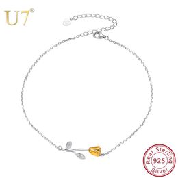 Anklets U7 925 Sterling Silver Anklet Women Barefoot Leg Chain Rose Flower Foot Bracelet Summer Beach Jewellery Gift for Mother's Day