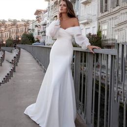 2024 New Modern Satin Wedding Dress Off Shoulder Bride Mermaid Long Bubble Sleeves Top Organza Simple Bridal Gowns Vestidos De Novia