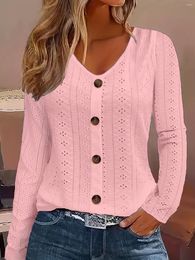 Women's T Shirts Eyelet Button Front T-Shirt Casual V Neck Long Sleeve For Spring & Fall Clothing