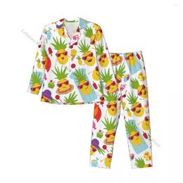 Men's Sleepwear Pajamas Suit Lapel Long Sleeve Pineapple Cute Male Home Clothes