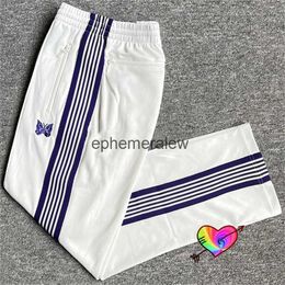 Men's Pants 2023 Blue Knitted Stripe Butterfly Needles Tra Pants Men Women Poly Smoo AWGE Needles Pants White Narrow Trousersephemeralew