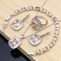 Sets Exquisite Women Silver 925 Jewelry Set Champagne Topaz White CZ Jewellry Earring/Pendant/Necklace/Ring/Bracelet Dropshipping