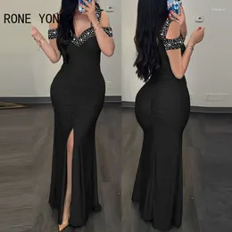 Casual Dresses Rhinestone Cold Shoulder Slit Ruched Party Dress Women Maxi