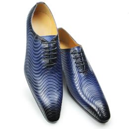 Men Shoes Luxury Oxford Shoe Genuine Leather Handmade Black Blue Prints Lace Up Pointed Toe Wedding Office Formal Dress Men Shoe 240110