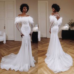 Exquisite Feather Mermaid Wedding Dresses Off Shoulder Sequined Beaded Backless Bridal Gowns Long Sleeves Bride Dresses Custom Made