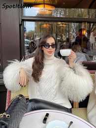 Fashionable and Elegant Artificial Fur Sleeves Knitted Lacquered Women's Loose Long sleeved Casual Turtle Neck Sweater 2024 Women's Top 240110