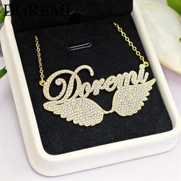 Necklaces DOREMI Stainless Steel Cursive Crystal Zircon Name Necklace Girls Jewelry Custom Name Necklace Personalized Angel Wings Necklace