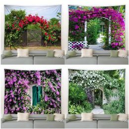 Spring Garden Landscape Tapestry Fence Nature Flowers Plants Modern Home Living Room Courtyard Decor Wall Hanging Picnic Mats 240111