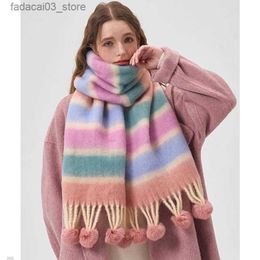 Scarves Winter Scarf Women's Thickened Warm Cold Resistant Scarf With Colorful Stripes Cute Fur Ball Shawl Women's Winter Accessories Q240111