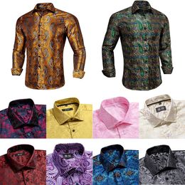 HiTie Fashion Mens Silk Shirts Long Sleeve Gold Blue Paisley Jacquard Lapel Shirt Casual Formal Wedding Business Party Gifts 240111