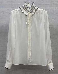 Women's Blouses Bow Tie Elegant 2024 Spring Summer Pure Silk Blouse Women Collar Ruffle Deco Long Sleeve National Tops White
