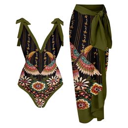 set Vintage Exotic Print One Piece Bikini Slim High Waist Open Back Swimsuit Fashion Bow Straps Beachwear Push Ups 2022