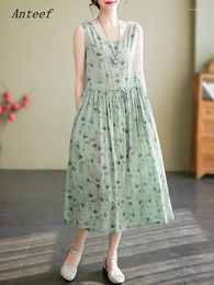 Casual Dresses Anteef Sleeveless Cotton Vintage Floral For Women Loose Long Summer Dress Elegant Clothing 2024