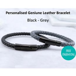 Personalized Custom Engrave Word Stainless Steel Genuine Leather Black Grey Bracelet Braided Rope Magnet Clasp Valentines Bangle 240110