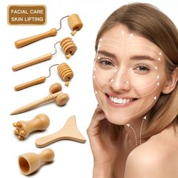 7Pcs/set Face Massager Wooden Therapy Wrinkle Remover Face Neck Skin Lifting Maderoterapia GuaSha Massage Roller Anti Cellulite 240111