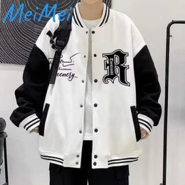 Allmatch Contrast Colour Letter R Male Coat Black and White Simple Standup Collar Baseball Suit Trend Loose Couple Jackets 240111