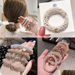 Pony Tails Holder Fashion Women Crystal Hair Ties Pearl Elastic Hairband Girls Scrunchies Rubber Band Accessories Headwear Ornament 5 Dheg0