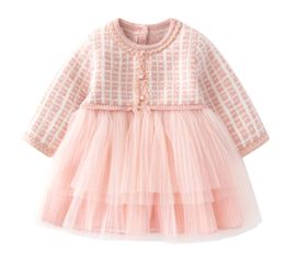2024 Spring girls plaid knitted splicing lace tulle dresses kids pink gauze princess dress lady style children clothing Z6641
