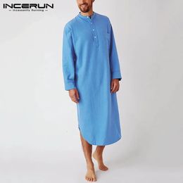 Men's Sleep Robes Solid Color Cotton Long Sleeve Comfort Leisure Homewear O Neck Nightgown Mens Bathrobes INCERUN S-5XL 7 240110 240110