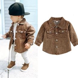 FocusNorm 1-5y Fashion Kids Boys Autumn Stupt Jacket Denim Solid Long Sleeve Single Single Breaded Coats 240111