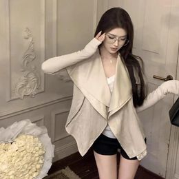 Women's Jackets 2024 Spring Black Suede For Women Long Sleeve Short Coat Ladies Elegant Large Lapel Pure Colour Cardigan Outwear Tops