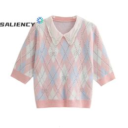 Spring Summer Korean Fashion Sweater Women Nail Beads Short-sleeved Loose Collision Colour Diamond Lattice Stitching Tops College 240111