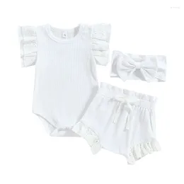 Clothing Sets Baby Girls Outfit Set Summer 3Pcs Flying Sleeve O Neck Knitted Lace Romper Tops Drawstring Shorts Headband Infant Clothes