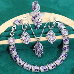 Sets Noble Purple Zircon 925 Silver Wedding Jewellery Sets for Women Birthday Bracelet Earrings Necklace Pendant Ring Holiday Gift