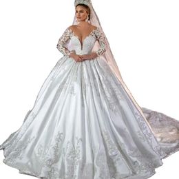 White Deep V-Neck Lace Satin Long Sleeve Wedding Ball Dress Sequin Pearl Beaded Floor-Length Train Noble Lady Bridal Gown 328 328