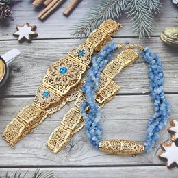 Sunspicems Light Blue Moroccan Belt Women Multilayer Stone Chain Necklace Choker Caftan Belt Jewellery Algeria Bride Jewellery Sets 240110
