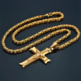 14k Yellow Gold Male Byzantine Chain Pendant,20,23,26 Mens Gold Color Jesus Cross Necklaces Pendant for Men