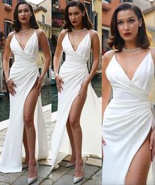 White Bella Hadid Evening Party Gowns Spaghetti High Thigh Split Sheath Satin Floor Length 2024 Cheap Bridesmaid Gowns Long Celebrity Dress