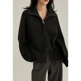 European Station double zipper 100% pure cashmere sweater coat women's half open large lapel black knit sweater cardigan 240111