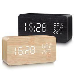 Alarm Clock LED Digital Wooden USB/AAA Powered Table Watch With Temperature Humidity Voice Control Snooze Electronic Desk Clocks 240110