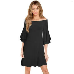 Casual Dresses Off Shoulder Half Flare Sleeve Dress Solid Loose Mini Summer Autumn Women Women'S Clothing Offers